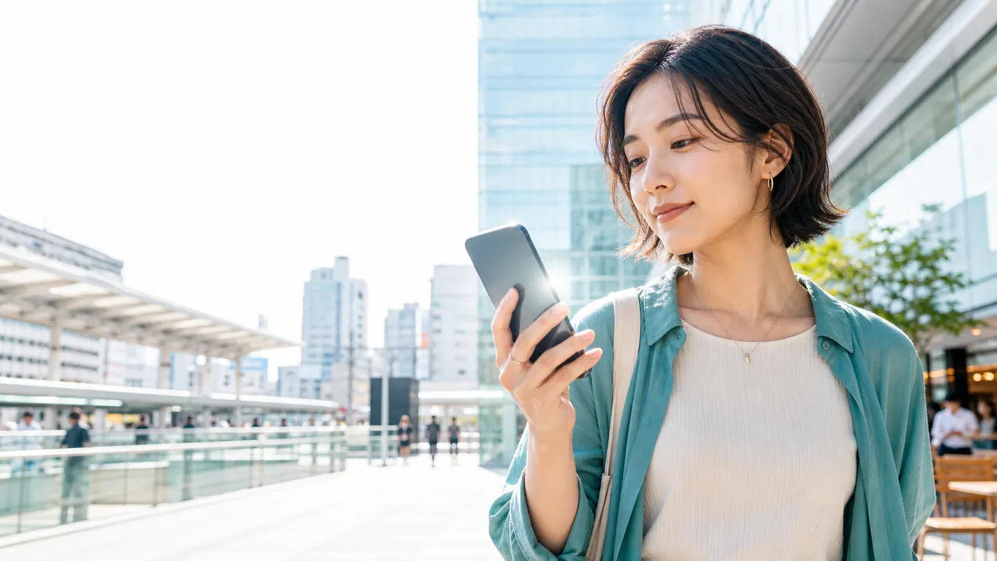 Person using a smartphone in a bright Tokyo street, surrounded by floating LifeLanding app cards
